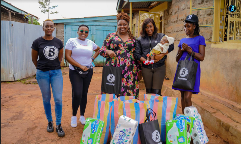 (L to R) Camilla Owora, PR Manager Boomplay, Elizabeth Karuru, Content Acquisition Manager Boomplay, Njeri Migwi, Executive Director, Usikimye, Martha Huro Managing Director EA Boomplay and Terry, House Manager Usikimye are all smiles during the handov...