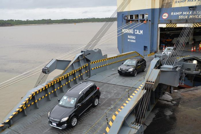 A car carrier discharging imported motor vehicles at the Port of Mombasa.