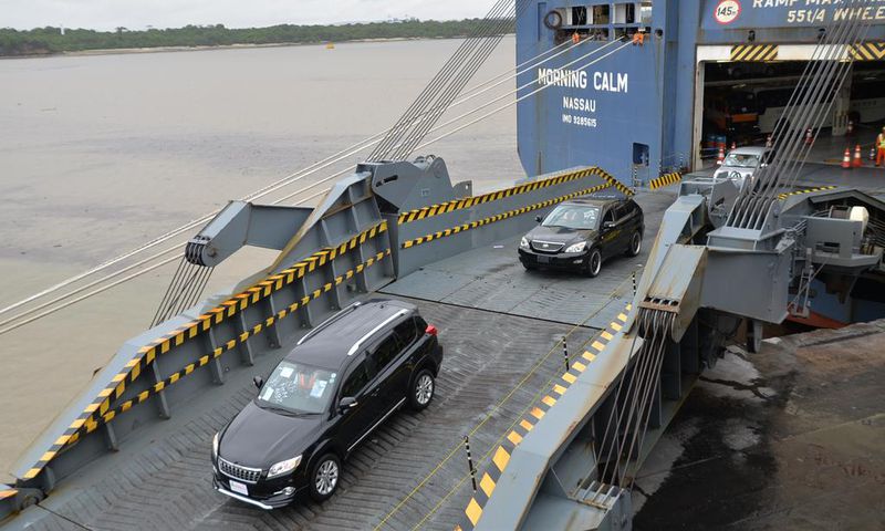A car carrier discharging imported motor vehicles at the Port of Mombasa.