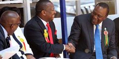 PRESIDENT UHURU KENYATTA WITH NAIROBI GOVERNOR MIKE SONKO (SECOND LEFT) AND DEPUTY GOVERNOR POLYCARP IGATHE (FAR LEFT)