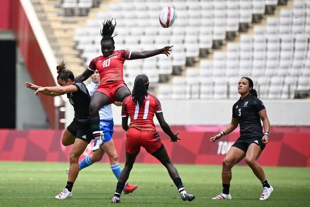 Kenya's Grace Okulu (top) collides with New Zealand's Theresa Fitzpatrick during the women's pool A rugby sevens match between New Zealand and Kenya during the Tokyo 2020 Olympic Games at the Tokyo Stadium in Tokyo on July 29, 2021.. (Photo by GREG BAK...