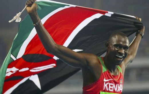 Gold medallist David Lekuta Rudisha (KEN) of Kenya celebrates with flag. 2016 Rio Olympics - Athletics - Final - Men's 800m Final - Olympic Stadium - Rio de Janeiro, Brazil - 15/08/2016.