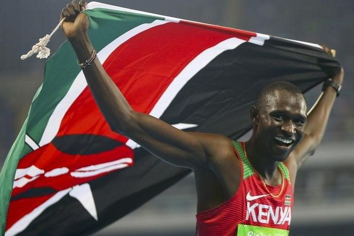 Gold medallist David Lekuta Rudisha (KEN) of Kenya celebrates with flag. 2016 Rio Olympics - Athletics - Final - Men's 800m Final - Olympic Stadium - Rio de Janeiro, Brazil - 15/08/2016.