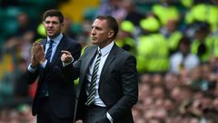 Steven Gerrard (left) and Brendan Rodgers went head to head in Scotland when they were in charge of Rangers and Celtic