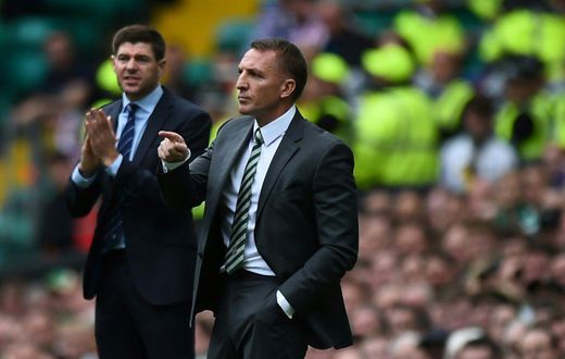 Steven Gerrard (left) and Brendan Rodgers went head to head in Scotland when they were in charge of Rangers and Celtic