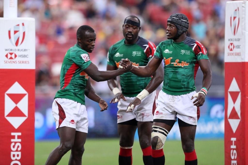 [FILE PHOTO] SINGAPORE - APRIL 14: Daniel Taabu (L) of Kenya celebrates scoring a try with his team mates during the 13th place play-off between Spain and Kenya on day two of the HSBC Rugby Sevens Singapore at the National Stadium on April 14, 2019 in Singapore. (Photo by Paul Miller/Getty Images for Singapore Sports Hub)