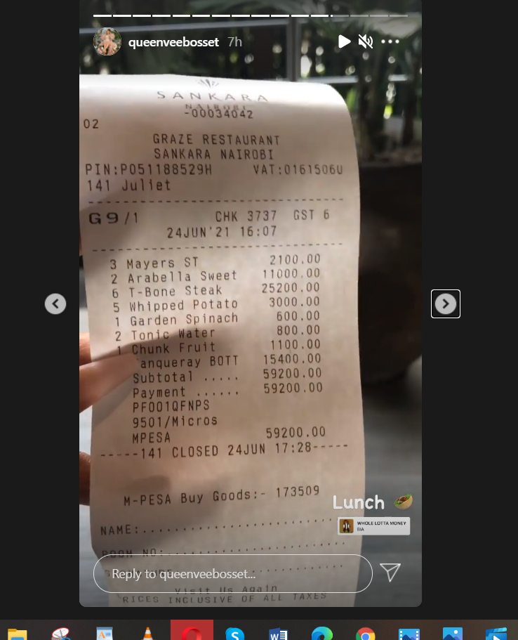 Vera Sidika shows off Sh59K Lunch receipt & Kenyans can’t keep calm (Screenshot)