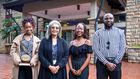 L-R: Steph Sevani, Director, House of Secrets, Prof. Freida Brown, Vice Chancellor, Michelle Donde, Director, House of Secrets, Alfred Obi, Casting Director / Assistant Director, House of Secrets pose with their award. House of Secrets won in the categ...