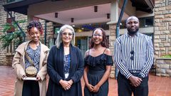 L-R: Steph Sevani, Director, House of Secrets, Prof. Freida Brown, Vice Chancellor, Michelle Donde, Director, House of Secrets, Alfred Obi, Casting Director / Assistant Director, House of Secrets pose with their award. House of Secrets won in the categ...
