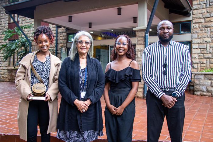 L-R: Steph Sevani, Director, House of Secrets, Prof. Freida Brown, Vice Chancellor, Michelle Donde, Director, House of Secrets, Alfred Obi, Casting Director / Assistant Director, House of Secrets pose with their award. House of Secrets won in the categ...