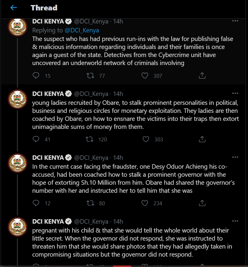 DCI's statement on Edgar Obare's arrest (Twitter)
