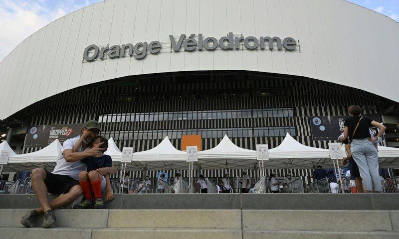 Happy to be back: supporters take a 'selfie' before a friendly between Marseille and Villarreal which served as a Velodrome stadium test event