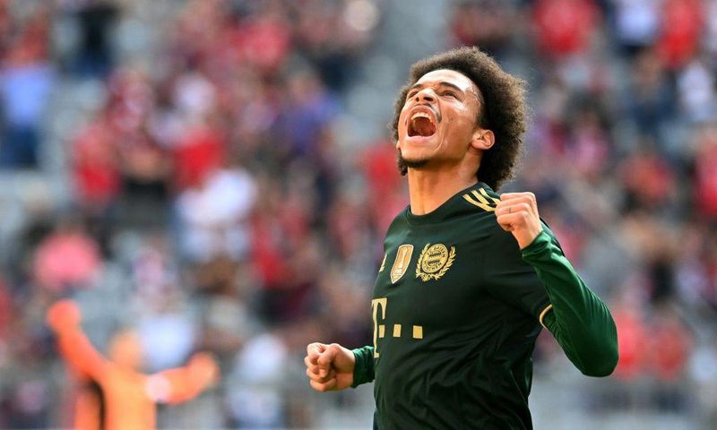 Bayern Munich winger Leroy Sane celebrates scoring the opening goal on Saturday