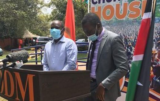 ODM Chairman John Mbadi with Secretary-General Edwin Sifuna during a press address at Chungwa House