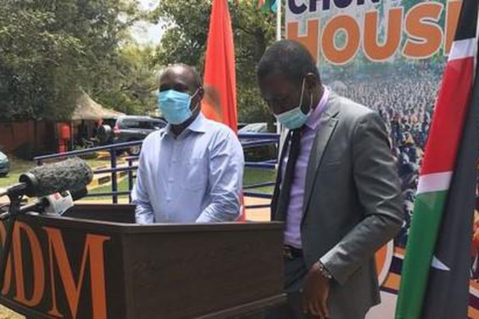 ODM Chairman John Mbadi with Secretary-General Edwin Sifuna during a press address at Chungwa House