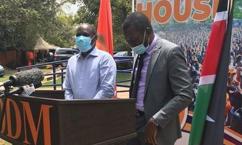 ODM Chairman John Mbadi with Secretary-General Edwin Sifuna during a press address at Chungwa House