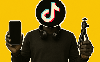 A digital pop-art collage of a creator holding a smartphone and a mini tripod, symbolising the modern hustle of TikTok content creation.