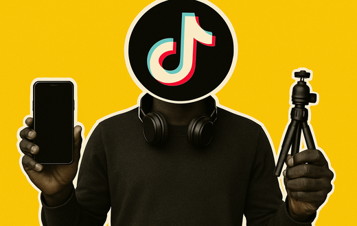 A digital pop-art collage of a creator holding a smartphone and a mini tripod, symbolising the modern hustle of TikTok content creation.