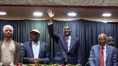 Abdul Rahim Hamdan Dagalo (C), Sudan's Rapid Support Forces deputy commander and brother to Mohamed Hamdan Dagalo (also known as Hemedti), flanked by representatives of other political parties affiliated to Sudan's Rapid Support Forces (RSF)