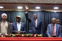 Abdul Rahim Hamdan Dagalo (C), Sudan's Rapid Support Forces deputy commander and brother to Mohamed Hamdan Dagalo (also known as Hemedti), flanked by representatives of other political parties affiliated to Sudan's Rapid Support Forces (RSF)