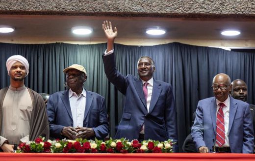 Abdul Rahim Hamdan Dagalo (C), Sudan's Rapid Support Forces deputy commander and brother to Mohamed Hamdan Dagalo (also known as Hemedti), flanked by representatives of other political parties affiliated to Sudan's Rapid Support Forces (RSF)