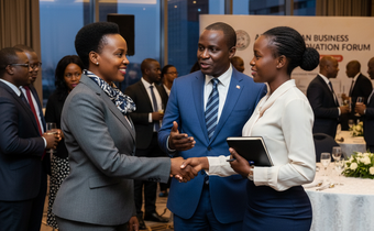 An AI-generated photo depicting business leaders connecting at a forum.