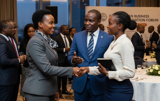 An AI-generated photo depicting business leaders connecting at a forum.