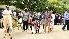 Raila Odinga Jr. (seated) is installed as head of the Raila Odinga family. Standing, to his left, Siaya Senator and former Prime Minister Raila Odinga's elder brother Oburu Oginga looks on.