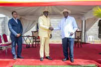 Narendra Raval, President William Ruto of Kenya and his host, President Yoweri Museveni of Uganda