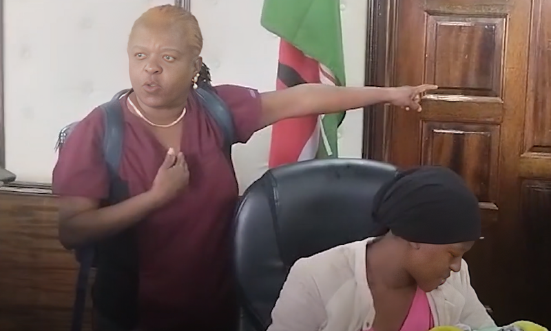 Grace Njoki Mulei (in maroon) protesting against the SHA at the Ministry of Health Headquarters