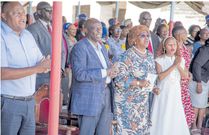 Former Deputy President Rigathi Gachagua, Naivasha MP Jayne Kihara and Kirinyaga Woman Representative Njeri Maina at PCEA Kasarani-Mwiki Church in Kasarani, Nairobi county