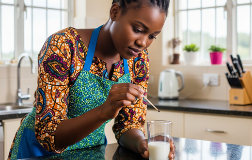An AI-generated image of a woman testing milk for adulteration