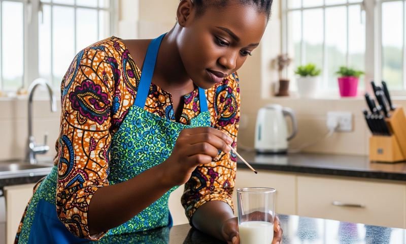 An AI-generated image of a woman testing milk for adulteration