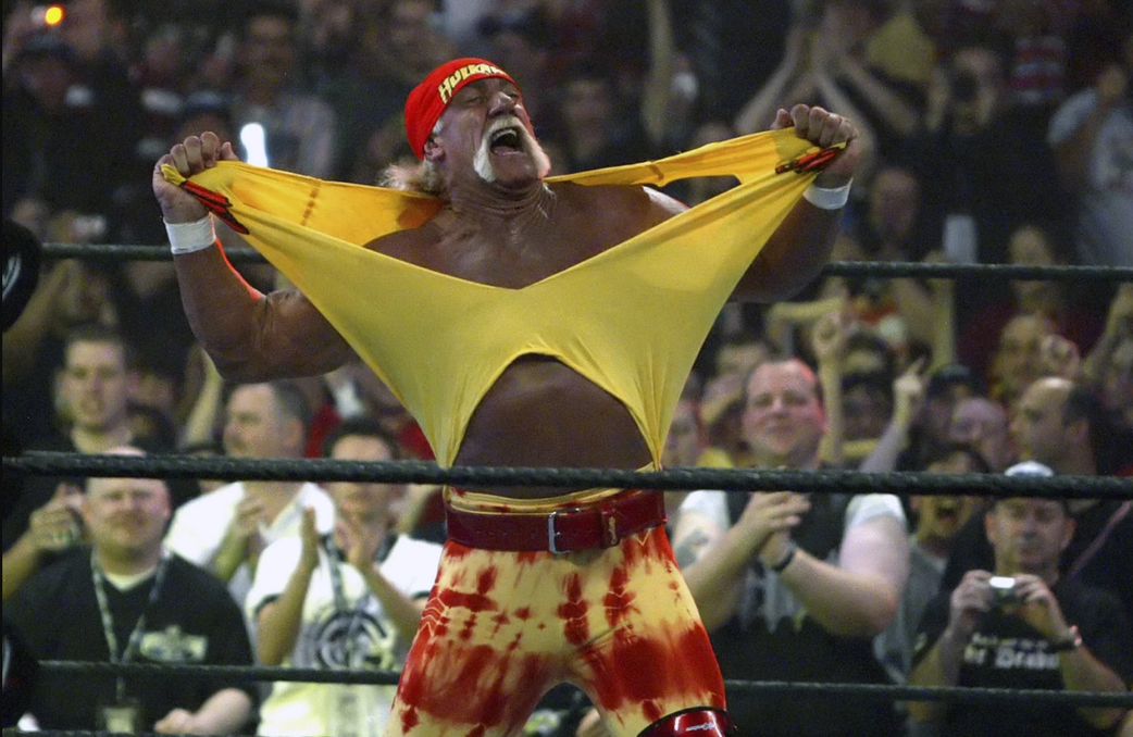 Hulk Hogan performing his signature shirt rip