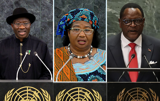 A collage of former Presidents Goodluck Jonathan, Joyce Banda and Lazarus Chakwera