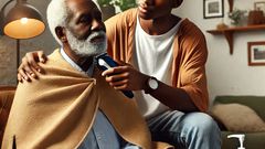 An elderly man getting a haircut