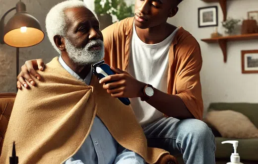An elderly man getting a haircut