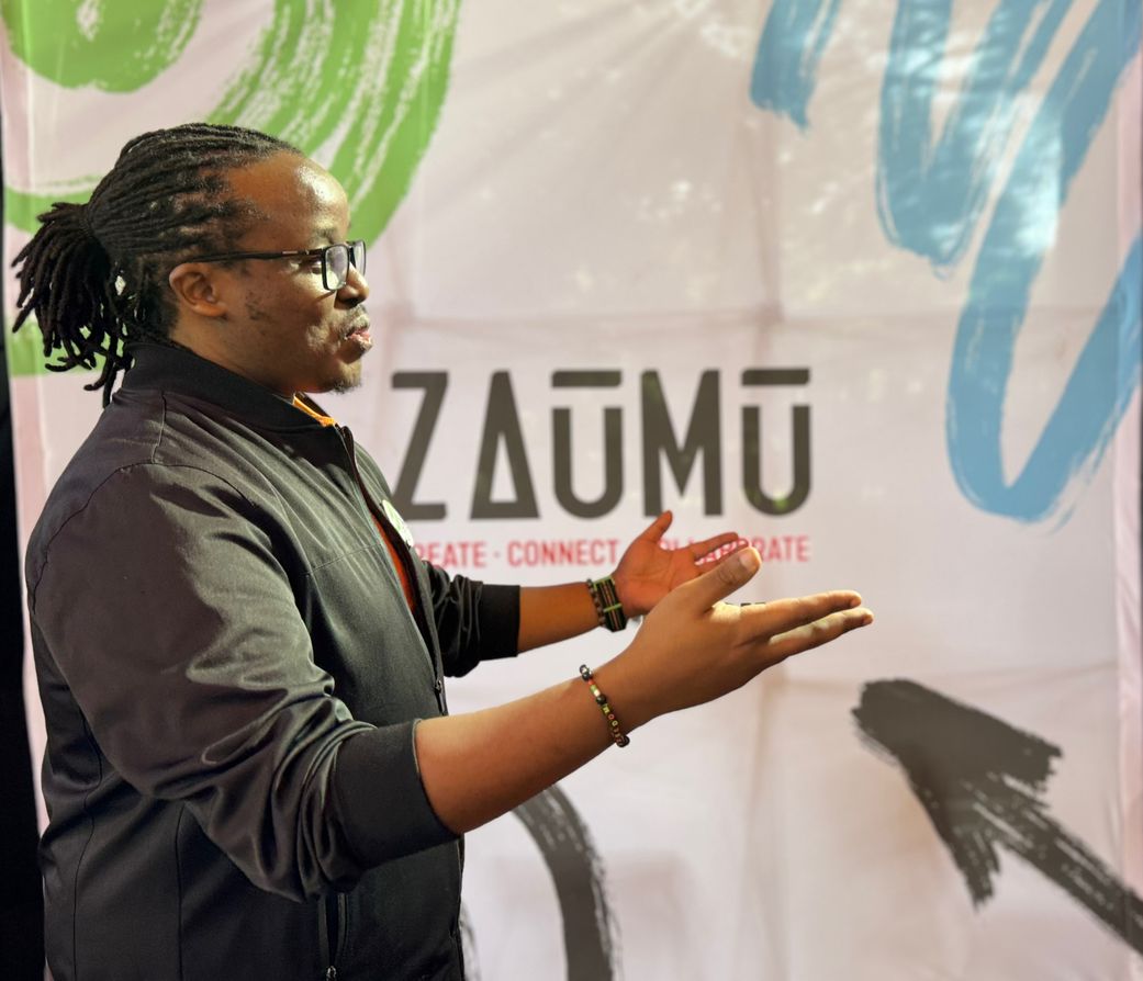 Zaumu co-founder Cedric Nzomo speaking during the launch of the Zaumu Marketplace Digital Platform
