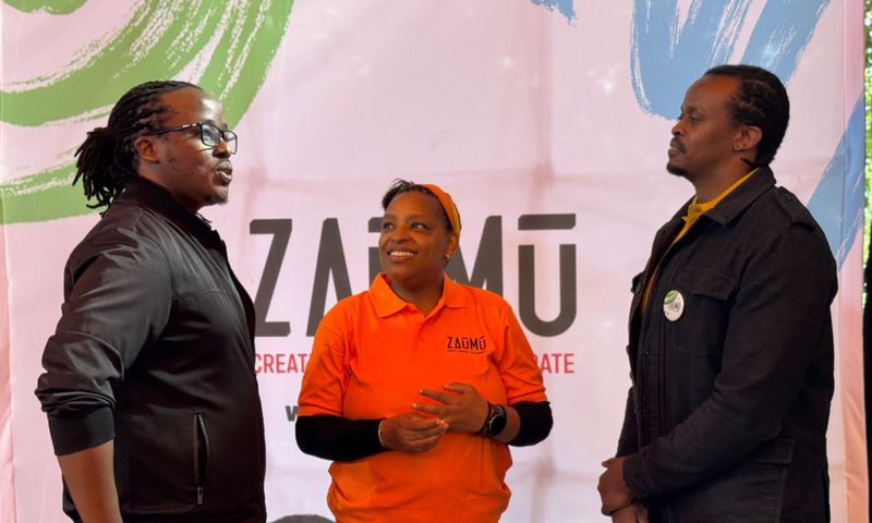 From Left: Zaumu co-founders Cedric Nzomo, Maureen Waihenya and David Ngatia during the launch of the ZAUMU Marketplace Digital Platform