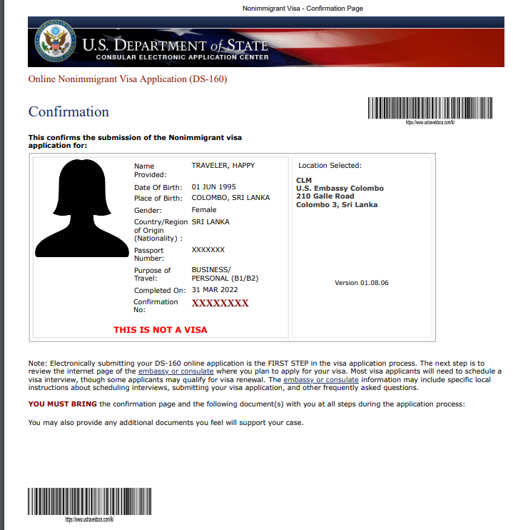 DS-160 application form for obtaining U.S. Visa