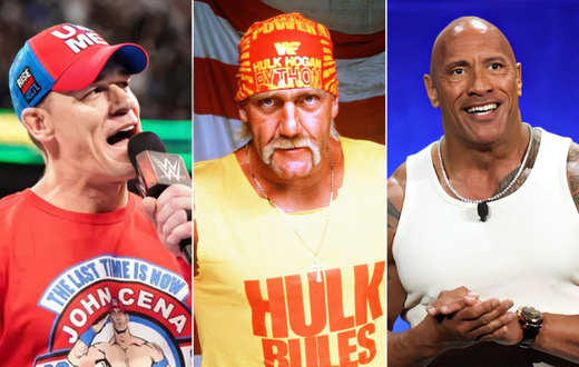 A collage of John Cena the late Hulk Hogan and The Rock