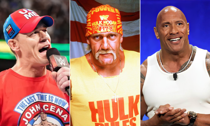 A collage of John Cena the late Hulk Hogan and The Rock