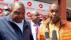 File image of retired President Uhuru Kenyatta and Jubilee Party Secretary General Jeremiah Kioni