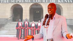 An image showing former Deputy President Rigathi Gachagua and The Supreme Court of Kenya in the background and a section of Supreme Court judges