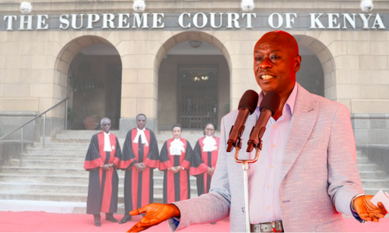 An image showing former Deputy President Rigathi Gachagua and The Supreme Court of Kenya in the background and a section of Supreme Court judges