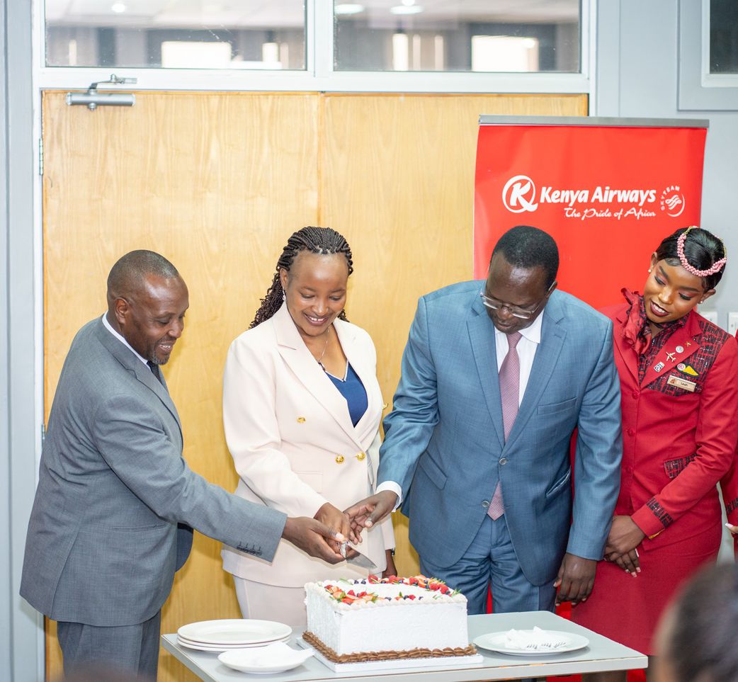 From (L) Allan Kilavuka, Kenya Airways CEO and MD, PS Aviation and Aerospace development, Teresia Mbaika, John Elungata, Secretary, Administration, State Department for Environment and climate, during  Kenya Airways 2024 Sustainability Report launch