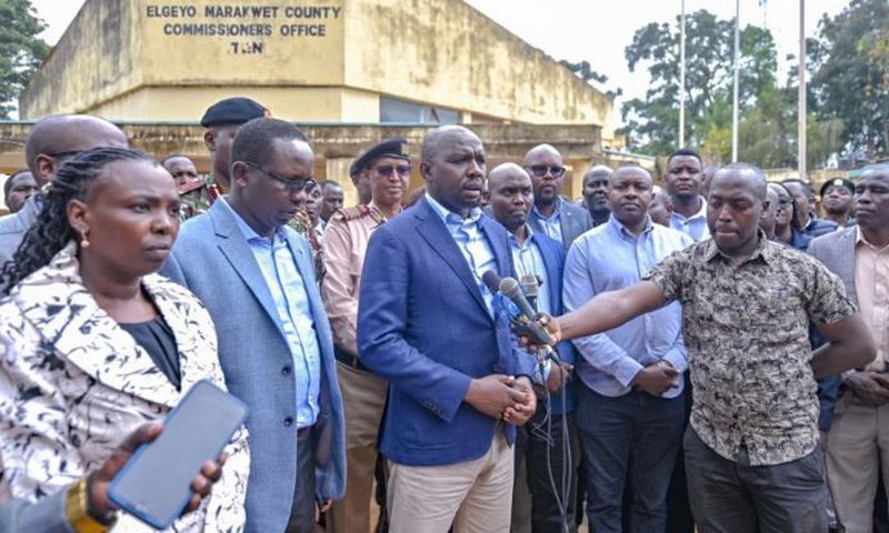 Interior CS Kipchumba Murkomen addressing the press after the 20th Jukwaa la Usalama, Elgeyo Marakwet County on July 25, 2025