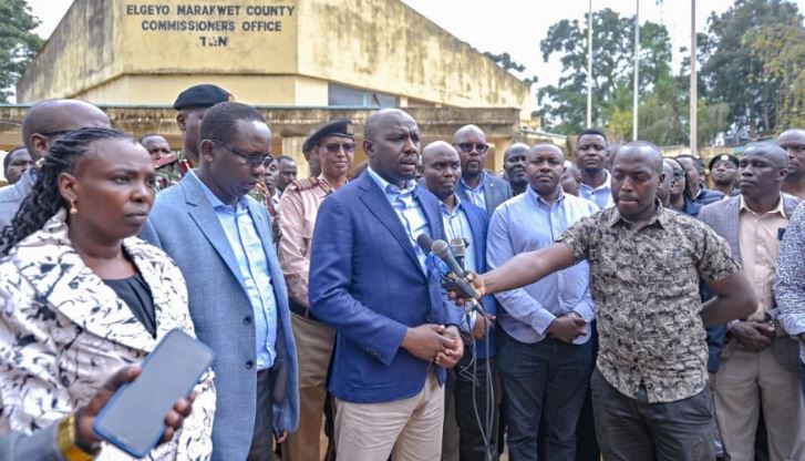 File image of Interior CS Kipchumba Murkomen addressing the press after the 20th Jukwaa la Usalama, Elgeyo Marakwet County on July 25, 2025