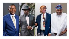 A collage of Aliko Dangote, President William Ruto, Patrice Motsepe and Mike Adenuga