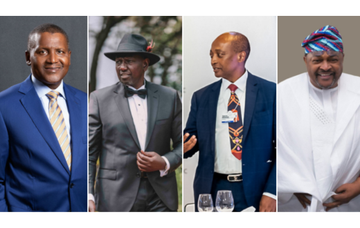 A collage of Aliko Dangote, President William Ruto, Patrice Motsepe and Mike Adenuga